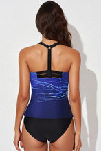 Traje de baño tankini azul y negro con escote cuadrado y diseño de cuello halter