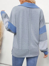 Blue and Gray Color Block Long Sleeve Polo Shirt for Women