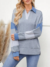 Blue and Gray Color Block Long Sleeve Polo Shirt for Women