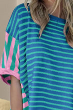 Blue and Green Striped Color Blocked Oversized Cotton Tee for Women