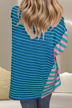 Blue and Green Striped Color Blocked Oversized Cotton Tee for Women