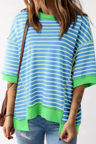 Blue and Green Striped Oversized High Low Top for Women Sky Blue