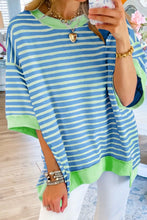 Blue and Green Striped Oversized High Low Top for Women