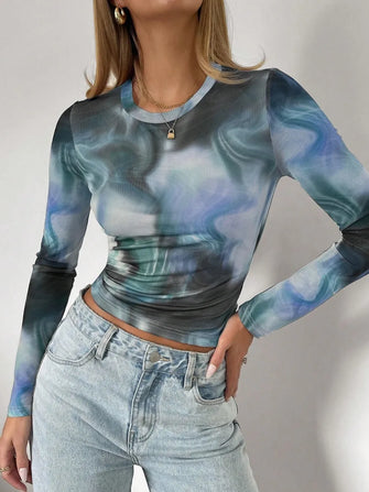 Blue and Green Tie-Dye Long Sleeve Top for Women Deep Teal