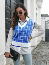 Blue and White Checkered Argyle Sweater Vest for Women Peacock Blue