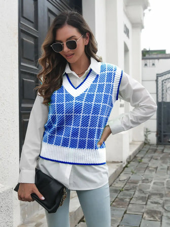 Blue and White Checkered Argyle Sweater Vest for Women Peacock Blue