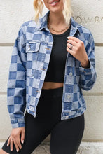 Blue and white checkered denim jacket with patchwork design
