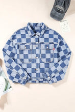 Blue and White Checkered Denim Jacket with Button Closure and Chest Pocket