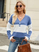 Blue and White Color Block V Neck Sweater for Women Dusty Blue