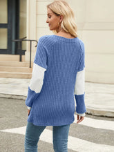 Blue and White Color Block V Neck Sweater for Women