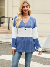 Blue and White Color Block V Neck Sweater for Women