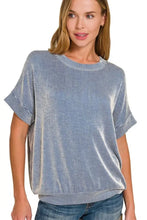 Blue and White Corded Rib Short Sleeve Velvet Top for Women LT NAVY Woman T Shirts