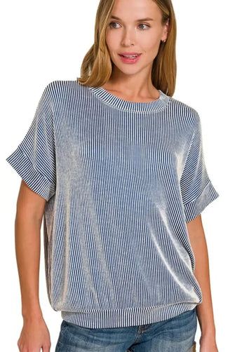 Blue and White Corded Rib Short Sleeve Velvet Top for Women LT NAVY Woman T Shirts