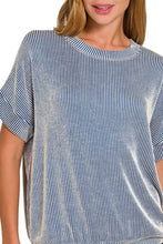 Blue and White Corded Rib Short Sleeve Velvet Top for Women Woman T Shirts