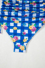 Blue and White Floral Checkered Swimsuit with Drawstring Chest Swimwear