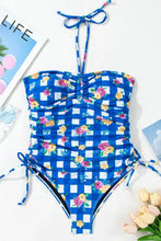 Blue and White Floral Checkered Swimsuit with Drawstring Chest Swimwear