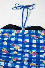 Blue and White Floral Checkered Swimsuit with Drawstring Chest Swimwear