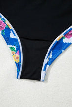 Blue and White Floral Checkered Swimsuit with Drawstring Chest Swimwear