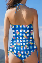 Blue and White Floral Checkered Swimsuit with Drawstring Chest