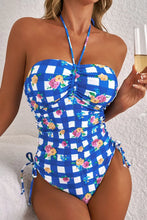 Blue and White Floral Checkered Swimsuit with Drawstring Chest