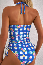 Blue and White Floral Checkered Swimsuit with Drawstring Chest