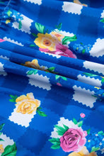 Blue and White Floral Checkered Swimsuit with Drawstring Chest Swimwear