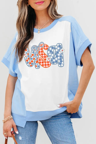 Blue and White Flower USA Graphic Tee for Women White