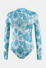 Blue and White Long Sleeve Patterned Swimsuit Swimwear