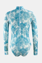 Blue and White Long Sleeve Patterned Swimsuit Swimwear