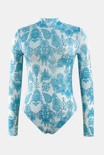 Blue and White Long Sleeve Patterned Swimsuit Swimwear