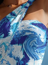 Blue and White Marbled One Shoulder Two Piece Swimsuit with Cutout Chest Swimwear