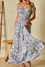 Boho paisley print off-shoulder maxi dress in blue and white