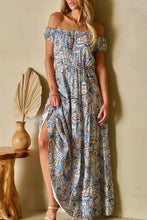Boho paisley print off-shoulder maxi dress with thigh-high slit