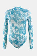 Blue and White Long Sleeve Patterned Swimsuit Swimwear