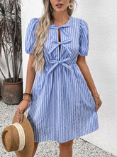 Blue and White Striped Bow Detail Casual Dress