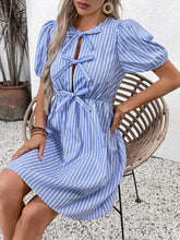 Blue and White Striped Bow Detail Casual Dress