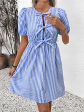 Blue and White Striped Bow Detail Casual Dress