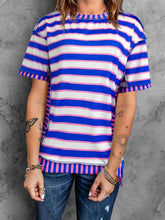 Blue and White Striped Cotton Short Sleeve T-Shirt for Women Heliotrope Purple