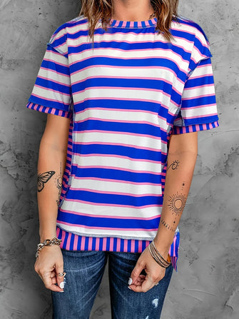 Blue and White Striped Cotton Short Sleeve T-Shirt for Women Heliotrope Purple