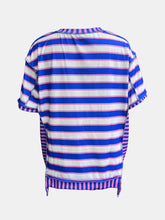 Blue and White Striped Cotton Short Sleeve T-Shirt for Women