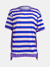 Blue and White Striped Cotton Short Sleeve T-Shirt for Women