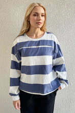 Blue and White Striped Long Sleeve Shirt with Exposed Seam for Women Dusty Blue