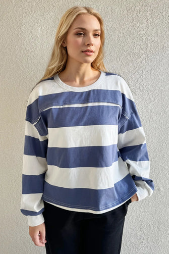 Blue and White Striped Long Sleeve Shirt with Exposed Seam for Women Dusty Blue
