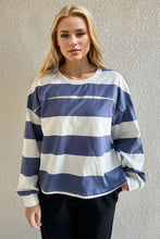 Blue and White Striped Long Sleeve Shirt with Exposed Seam for Women