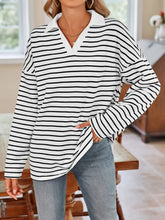 Blue and White Striped Long Sleeve Shirt with Pink Collar White