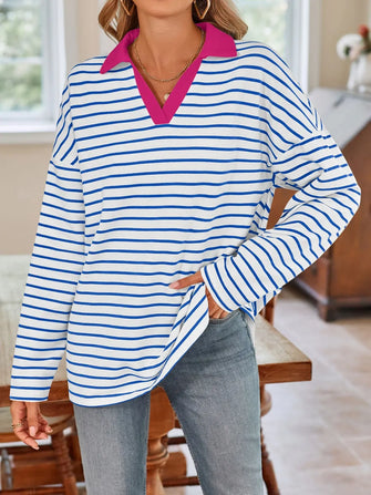 Blue and White Striped Long Sleeve Shirt with Pink Collar Blue