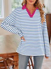 Blue and White Striped Long Sleeve Shirt with Pink Collar