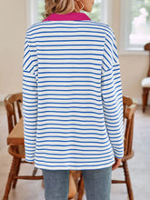 Blue and White Striped Long Sleeve Shirt with Pink Collar