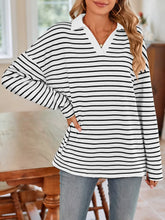 Blue and White Striped Long Sleeve Shirt with Pink Collar