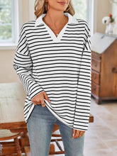 Blue and White Striped Long Sleeve Shirt with Pink Collar